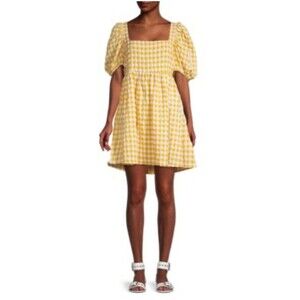 Jacquie The Label Puff Sleeves Mini Yellow Gingham Back Bow Dress-M